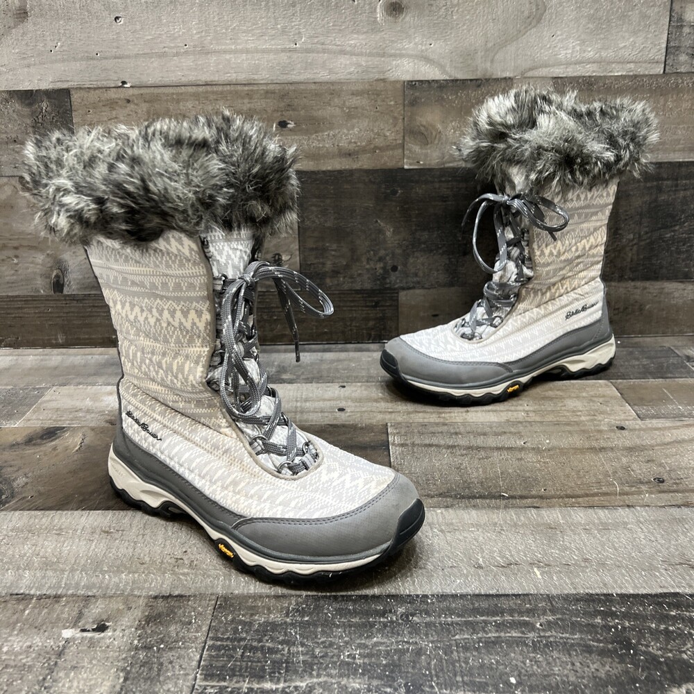 Eddie Bauer Vibram 200 Gram Womens Faux Fur Snow Boots Gray Size 8